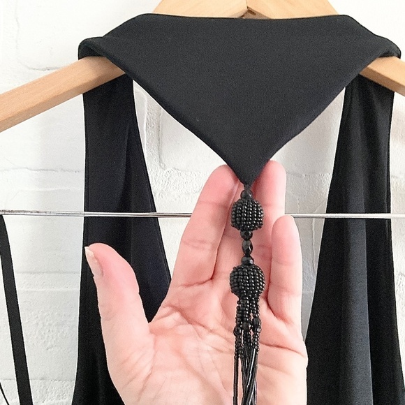 David Meister Gown Maxi Dress Tassel Open back Art deco Black Dark romantic - Picture 8 of 15